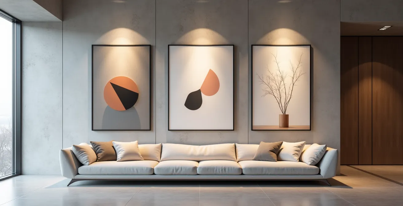Elegante Bürowand mit drei unterschiedlichen Kunstobjekten harmonisch arrangiert mit viel Negativraum