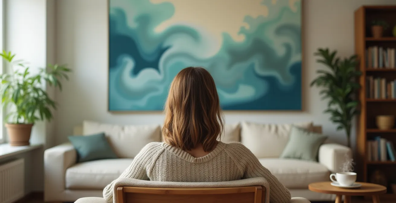 Eine Person betrachtet ein grosses, beruhigendes abstraktes Kunstwerk in einem entspannten Wohnbereich.