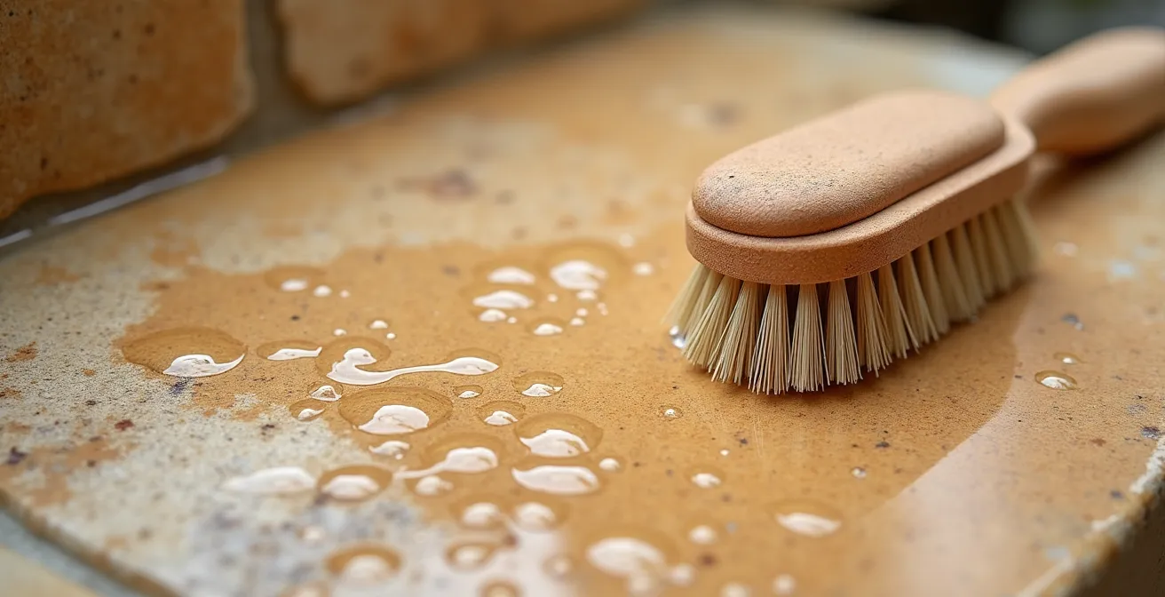 Makroaufnahme der Sandsteinoberfläche während schonender Reinigung