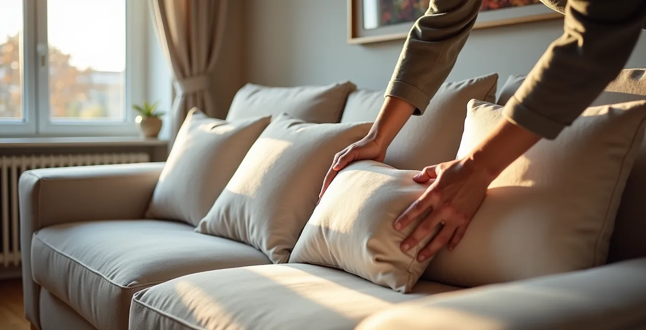 Dreisitzer-Sofa mit optimal arrangierten fünf Kissen