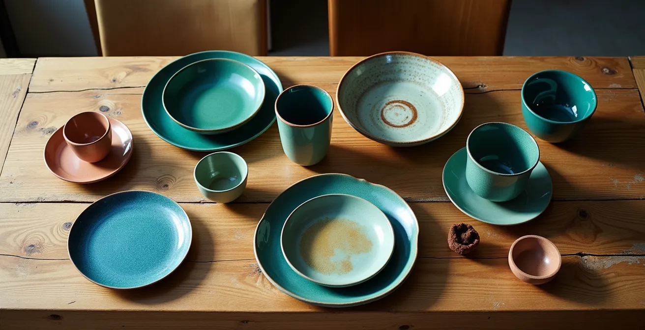 Harmonische Kombination traditioneller und moderner Schweizer Keramik auf Holztisch