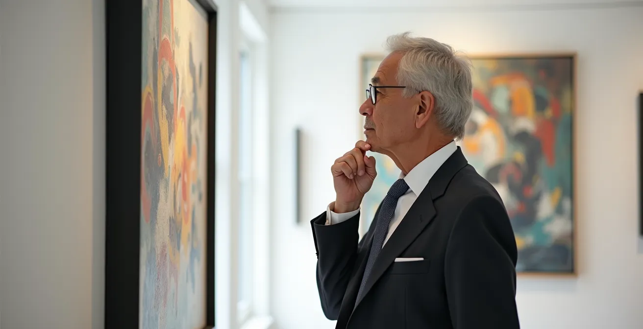 Kunstsammler betrachtet nachdenklich ein Gemälde in einer Schweizer Galerie