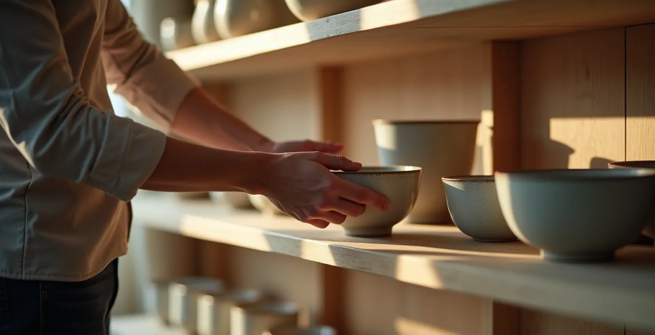 Elegante Keramikpräsentation auf stabilem Schweizer Designmöbel