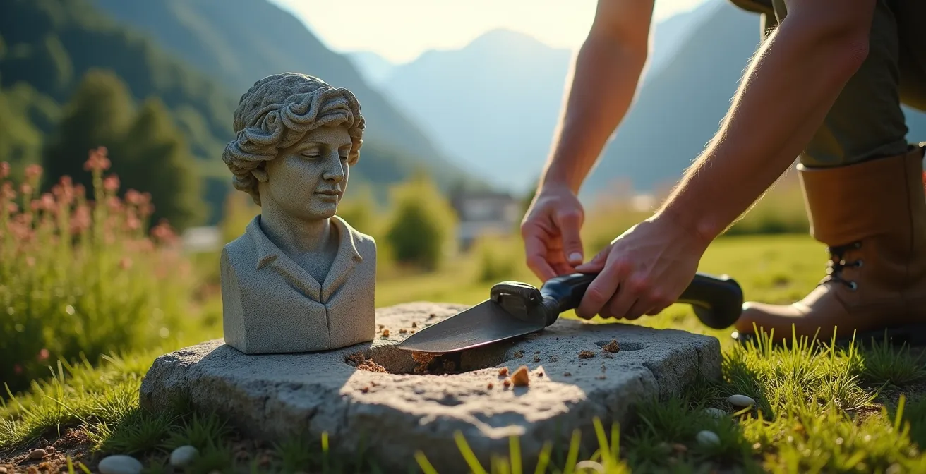 Querschnitt einer professionellen Skulpturverankerung im Rasen