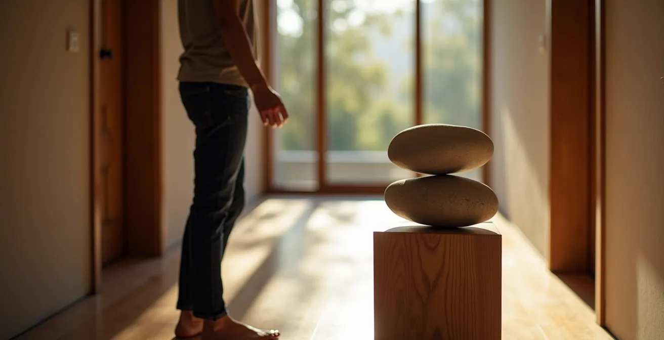 Moderne Steinskulptur auf Holzsockel in minimalistischem Eingangsbereich