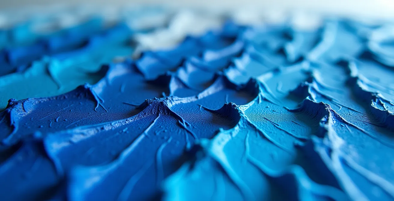 Detailaufnahme einer pastos gemalten abstrakten Oberfläche unter Streiflicht