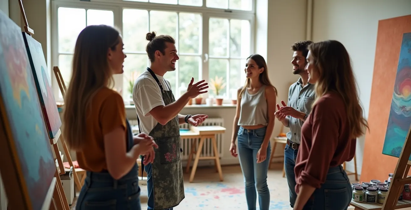 Weitwinkelaufnahme eines lebendigen Ateliers mit Besuchern, die sich Kunstwerke ansehen
