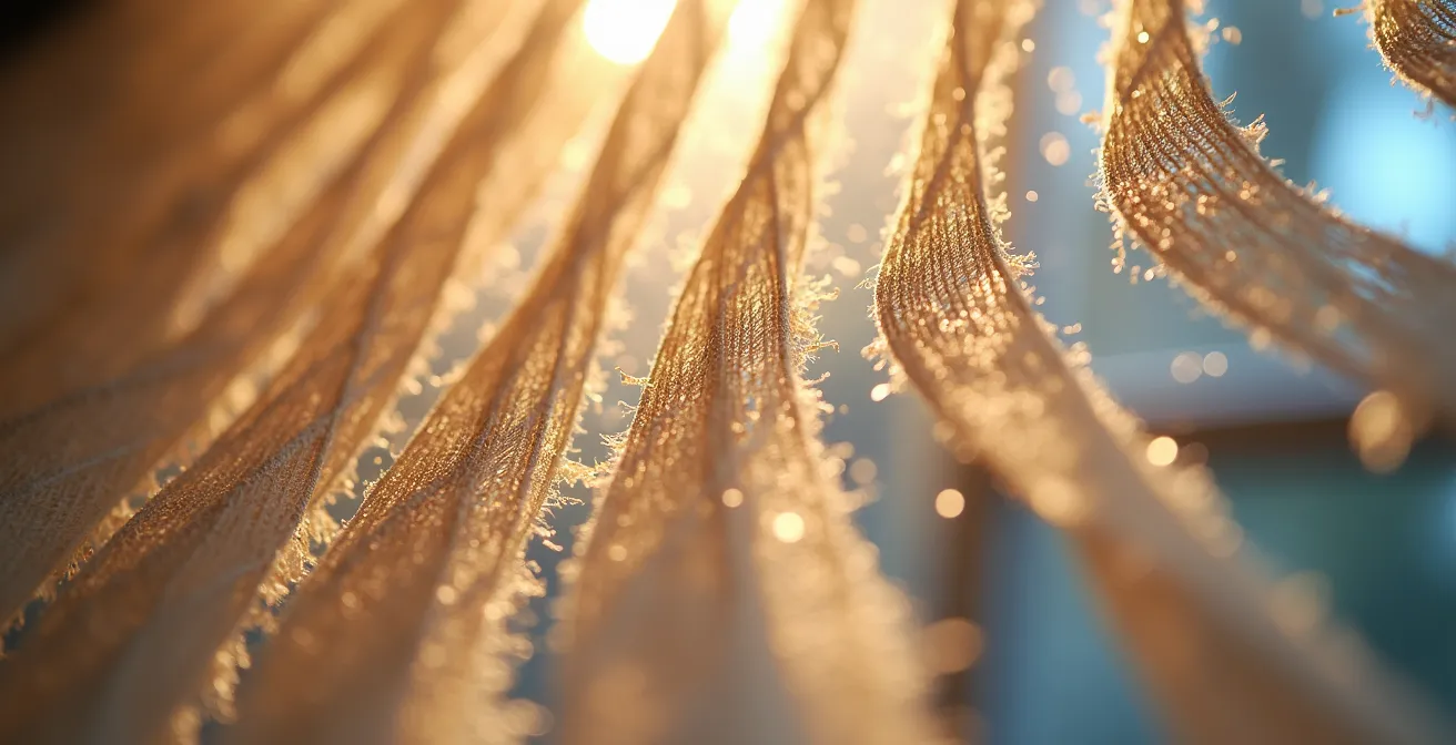 Makroaufnahme einer textilen Hängeinstallation mit sichtbaren Fasern und Staubpartikeln