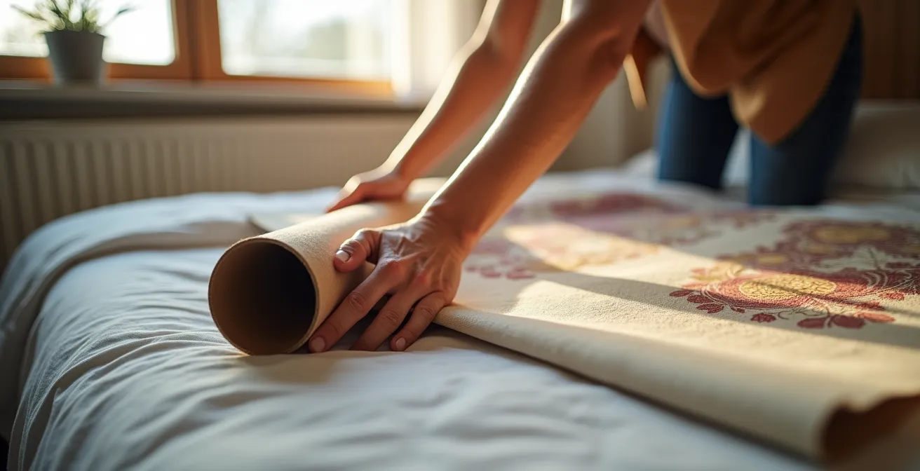 Platzsparende Lagerungsmethoden für textile Wandbilder in einer kleinen Schweizer Wohnung