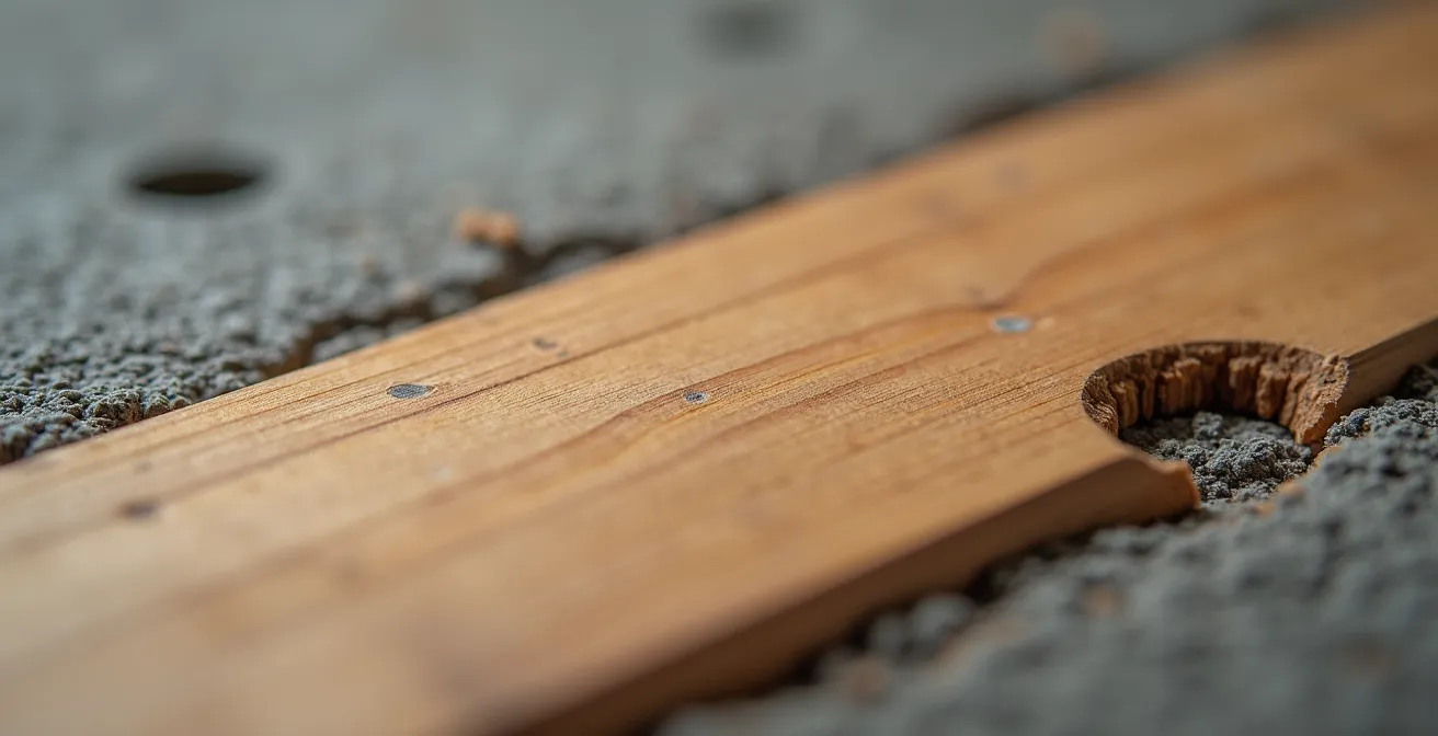 Makroaufnahme zeigt den Textur-Dialog zwischen Holzmaserung und Betonschalung