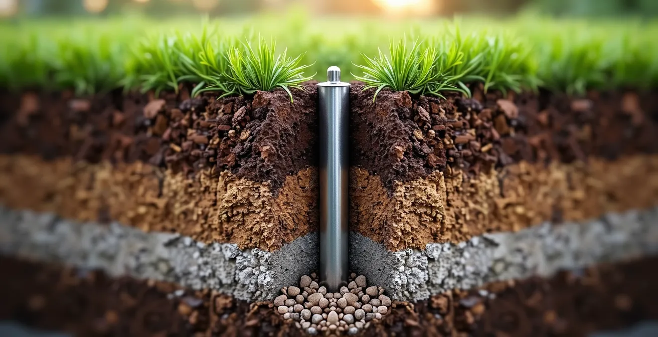 Querschnitt einer unsichtbaren Skulpturverankerung im Gartenboden