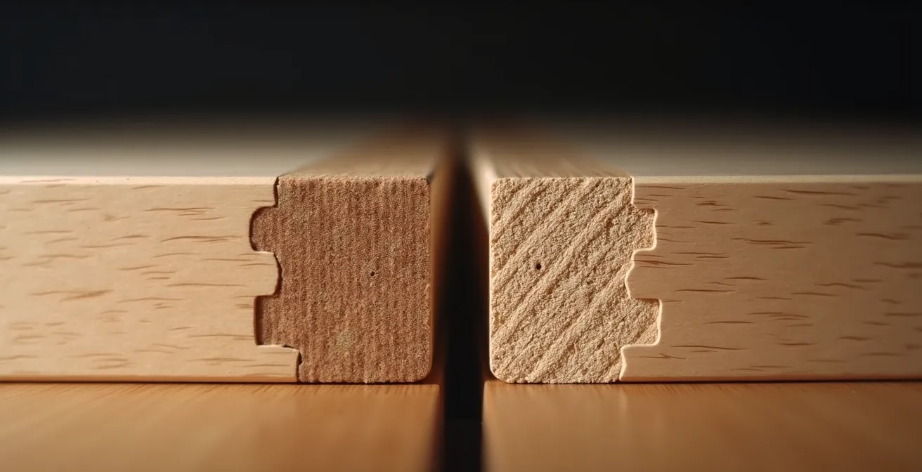 Detailaufnahme traditioneller Holzverbindung neben verklebter Industrieverbindung