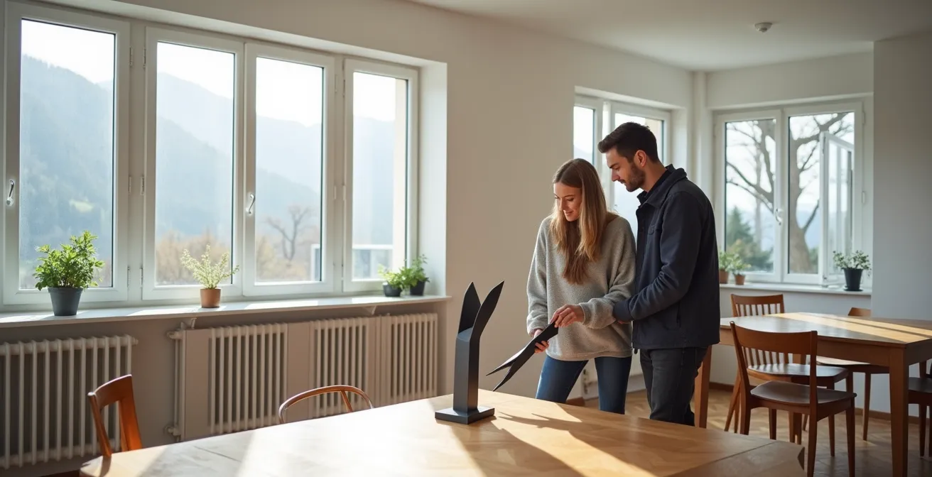 Filigrane Metallskulptur als platzsparender Raumteiler in offenem Schweizer Loft