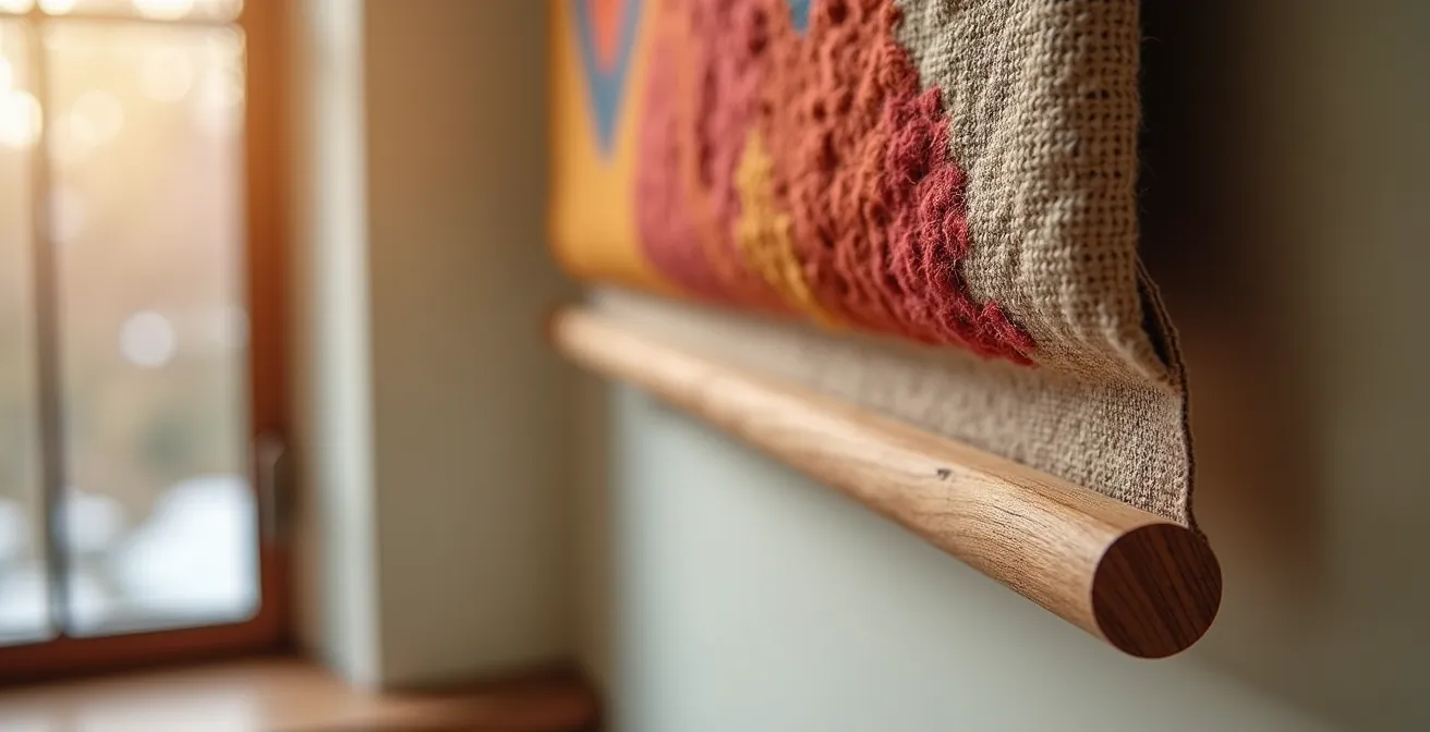 Detailaufnahme eines professionellen Klettband-Aufhängungssystems für Wandteppiche