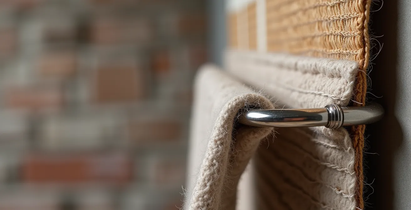 Professionelle Aufhängungstechnik für schweren Wandteppich mit gebogener Metallstange