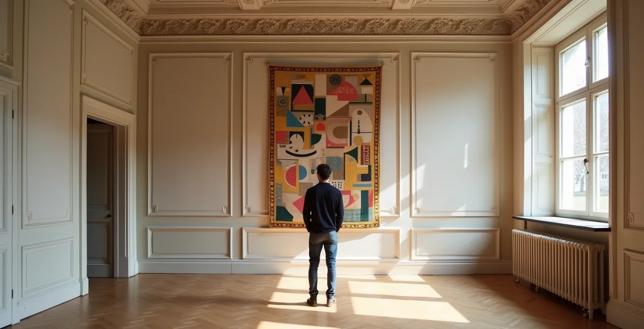 Elegant proportionierter Wandteppich in einem Schweizer Altbau mit sichtbarem Wandabstand